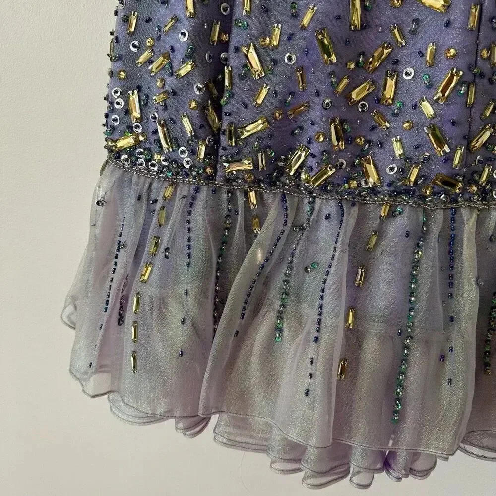 Party Time Formals Women’s Purple Iridescent All over Beaded Bodice Tulle Mini D